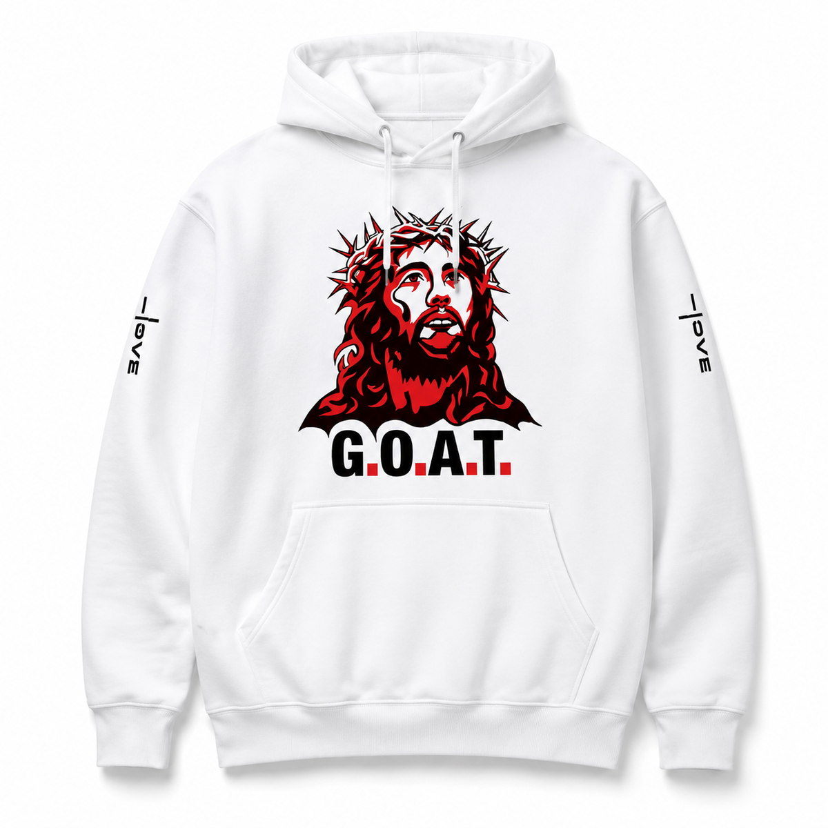 White Christian pullover hoodie with crowned Jesus graphic, G.O.A.T. lettering, and Amore I LOVE sleeve logos.