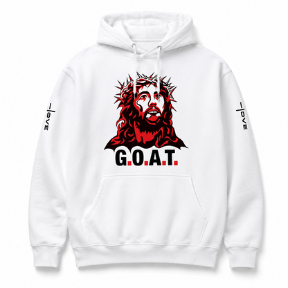 White Christian pullover hoodie with crowned Jesus graphic, G.O.A.T. lettering, and Amore I LOVE sleeve logos.