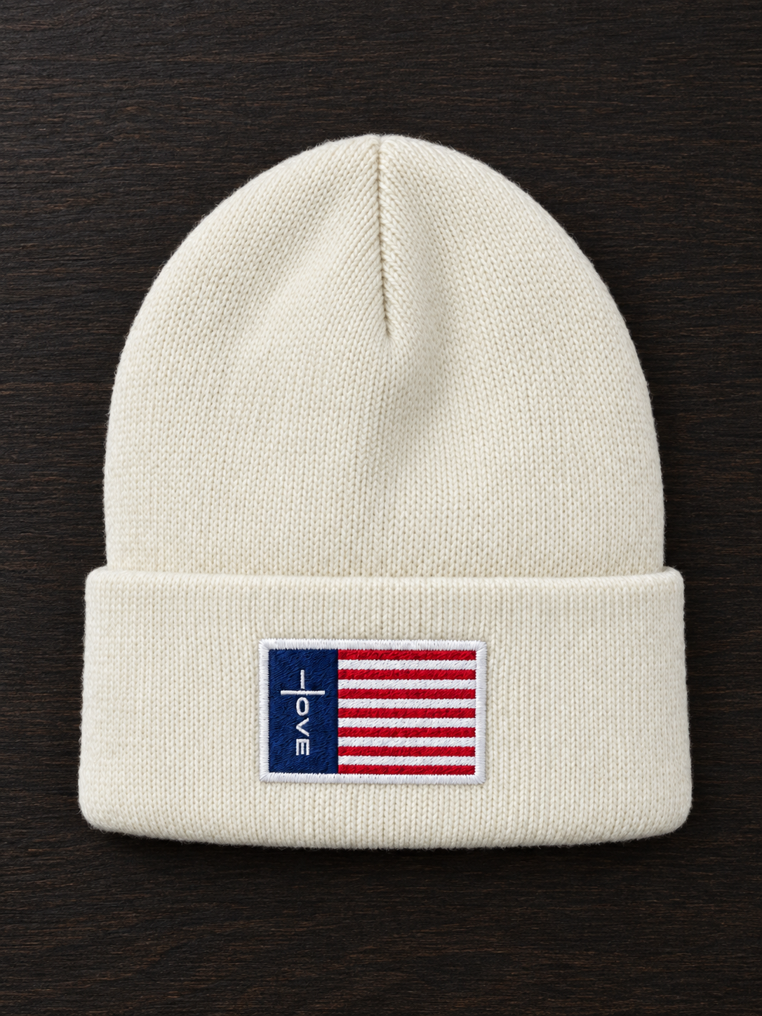 Amore Home of Love Flag Beanie — Flat Lay